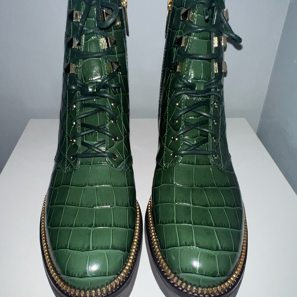 Green Crocodile-Embossed Lace-Up Micheal Kors Boots - Picture 5 of 8